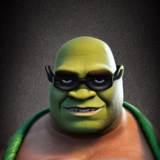 Image similar to Muscular Shrek with a handlebar mustache, goggles, a biker hat, and wearing a sleeveless ripped black leather jacket, portrait, digital art, trending on artstation, very detailed, highly detailed, HD quality, 8k resolution