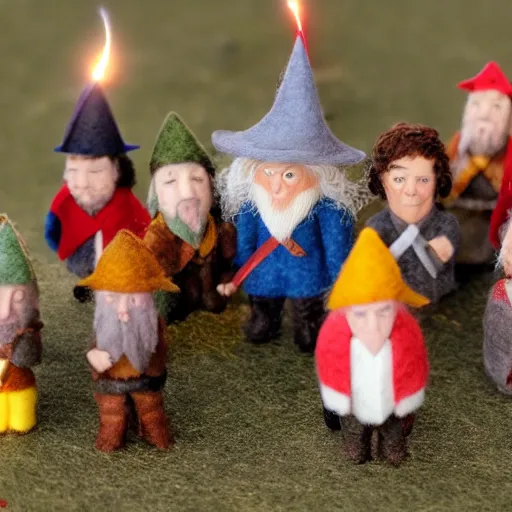 Image similar to felt point figures of bilbo's birthday party, gandalf, fireworks, frodo, pippin, merry, cute, tilt shift, award winning, highly textured