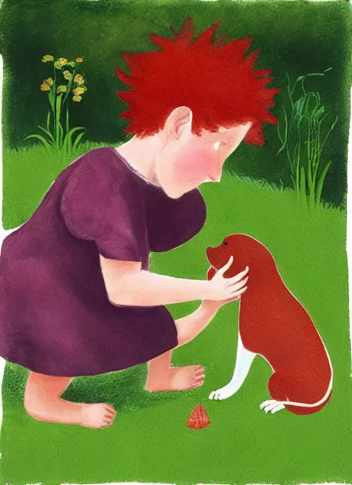 Image similar to “a red-haired child with dark skin playing with a puppy in the garden in the style of Mary Engelbreit”