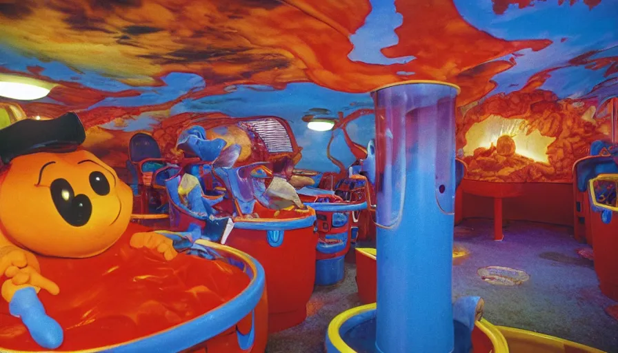 Prompt: 1990s photo of inside the Garfield's Lava Lamp ride at Universal Studios in Orlando, Florida, riding a litter box through a lasagna world, cinematic, UHD