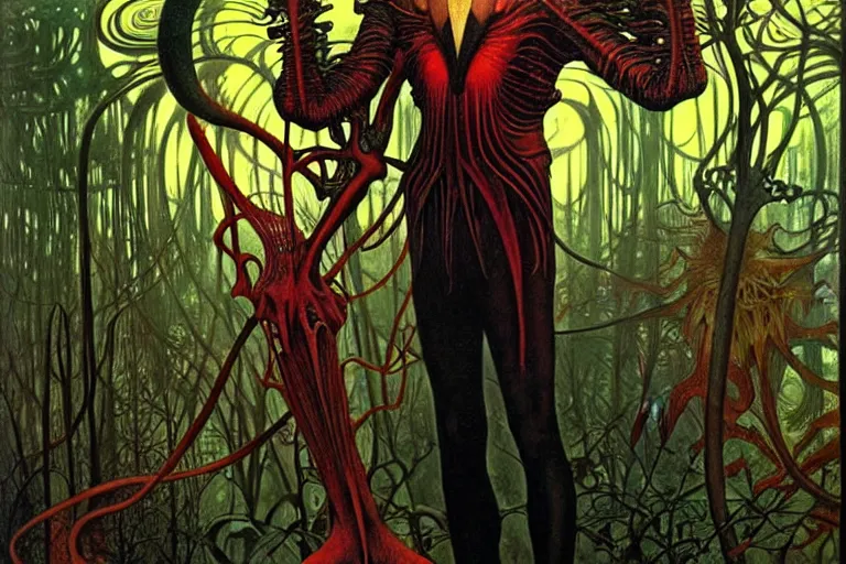 Prompt: realistic extremely detailed portrait painting of an elegantly creepy vampire man dressed as dracula, futuristic sci-fi forest on background by Jean Delville, Amano, Yves Tanguy, Alphonse Mucha, Ernst Haeckel, Edward Robert Hughes, Roger Dean, rich moody colours