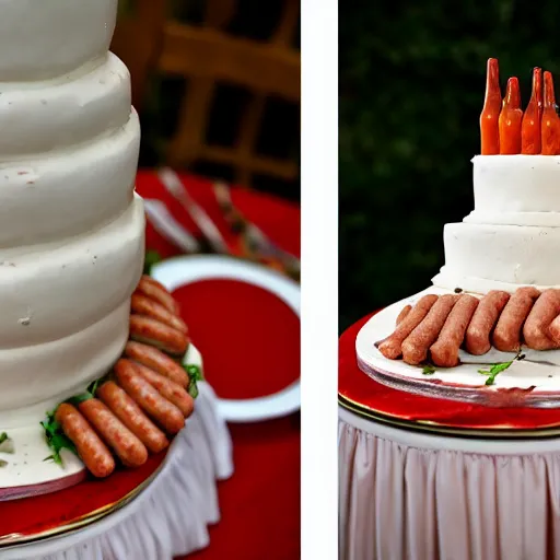 Image similar to a wedding cake made entirely out of meat and sausages with ketchup sauce. During wedding. Highly detailed 8k