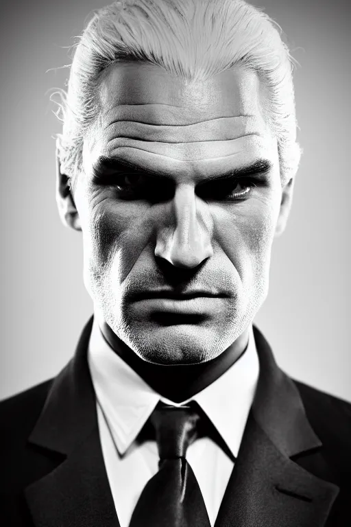 Image similar to portrait of geralt of rivia wearing an elegant tuxedo, 5 5 mm lens, professional photograph, elegant, serious, stern look