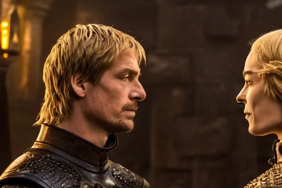 Image similar to very very intricate photorealistic photo of jaime lannister fighting cersei, photo is in focus with detailed atmospheric lighting, award - winning details