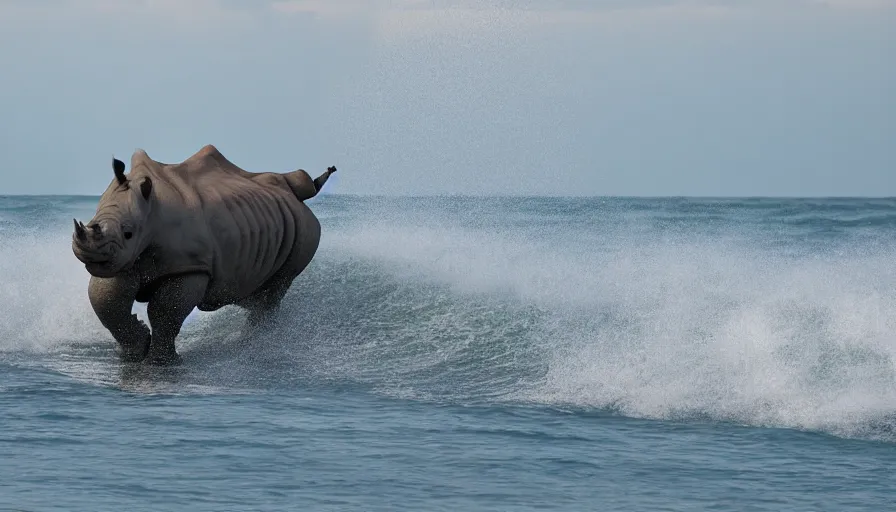 Prompt: A Rhino Surfing in the Sea