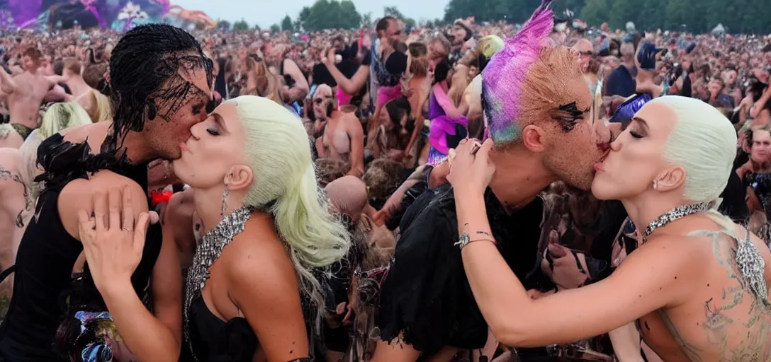 Image similar to tabaluga kissing lady gaga, in parookaville