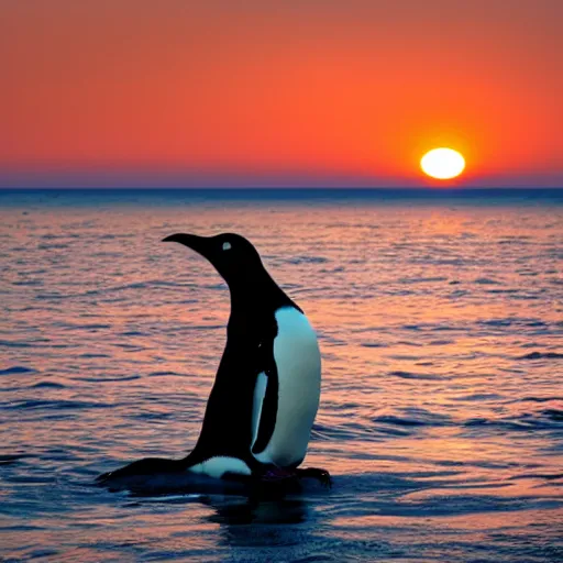 Prompt: big penguin in the middle of the sea, sunset, 4k, sharp, detailed