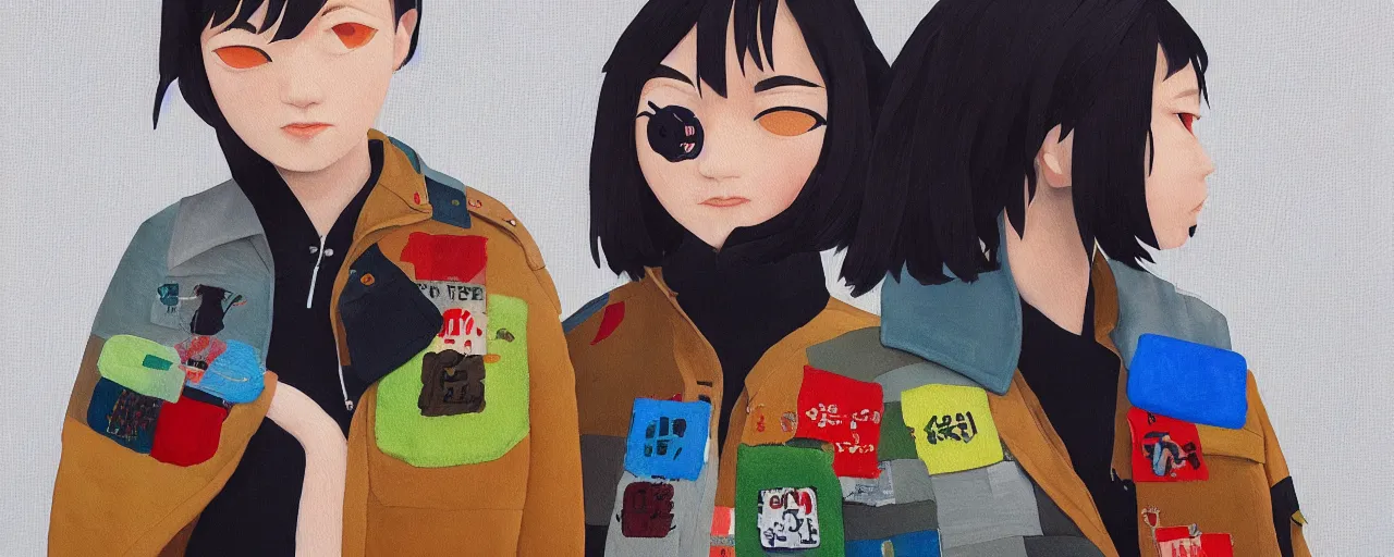 Image similar to gori fujita ilustration a game development studio, one cotton jacket and its copy made of patches painting by goro fujita, sharp focus, highly detailed, artstation