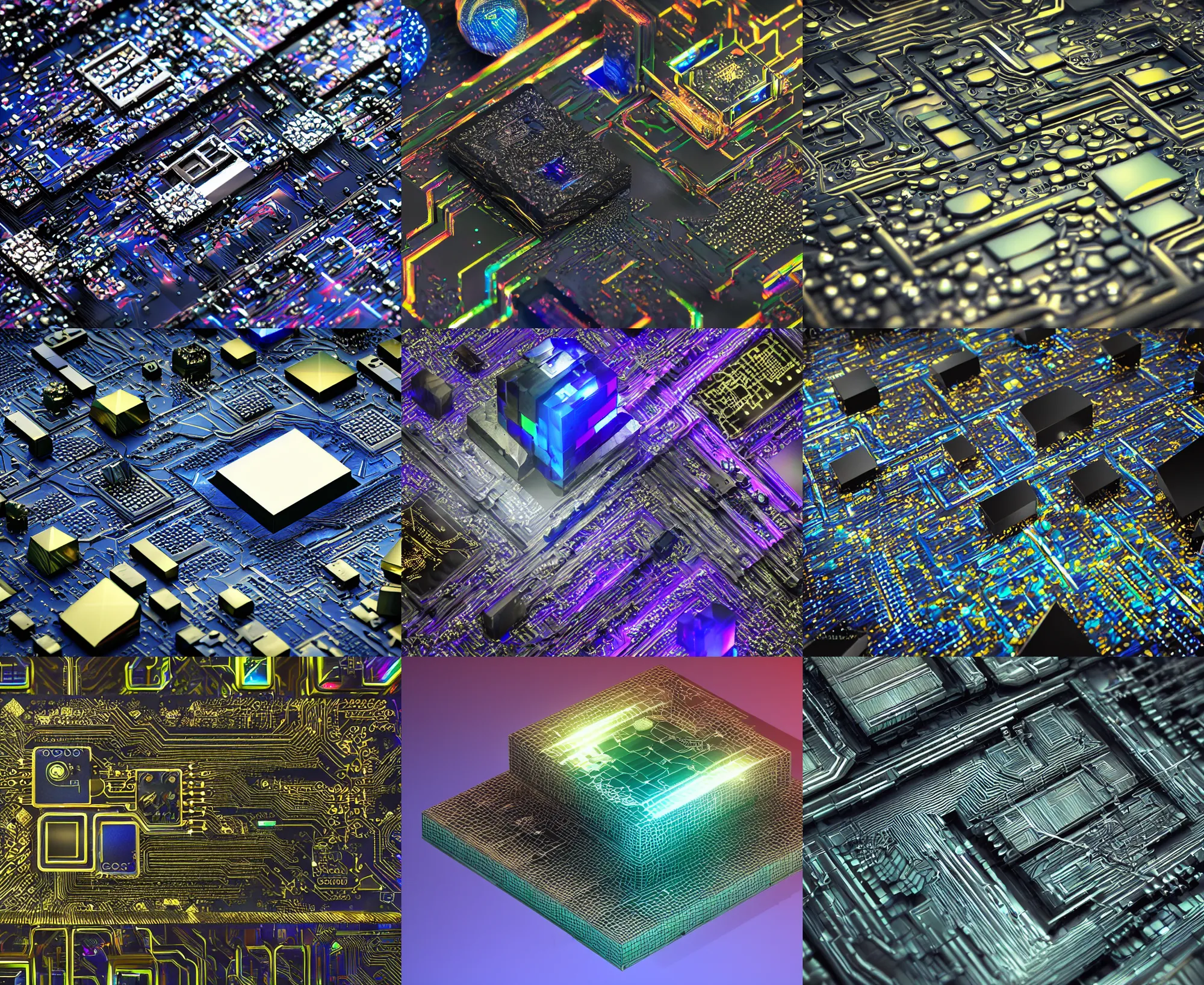 Prompt: armor of circuit board processor block, 3 d ray - traced photorealistic concept render, moody beautiful colors, futuristic, squares, crystal nodes, sleek, shiny, high angle shot with sharp realistic intricate detail, iridescent glowing chips, black 3 d cuboid device, modular graphene, futuristic colorful precious metals, treasure artifact, bismuth, advanced titanium