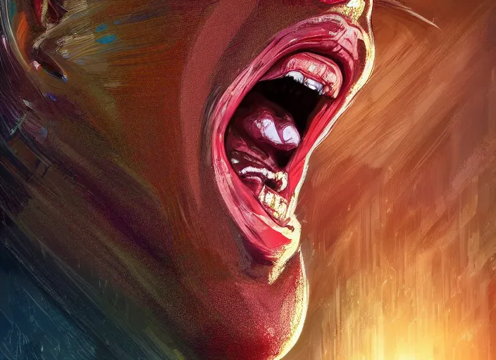 Image similar to wide open queen mouth, close - up, cry, defiant, full lips, anatomy color photograph, light effect, hyper detailed, intricate, elegant, highly detailed, digital painting, artstation, concept art, matte, sharp focus, illustration, by dan mumford, yusuke murata, makoto shinkai, ross tran