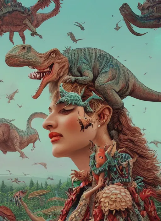 Image similar to pretty model with cute dinosaurs : : by martine johanna and simon stalenhag and chie yoshii and casey weldon and wlop : : ornate, dynamic, particulate, rich colors, intricate, elegant, highly detailed, vogue, harper's bazaar art, fashion magazine, detailed face, smooth, sharp focus, 8 k, octane render,