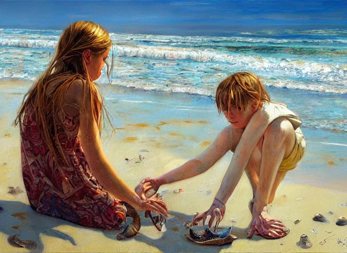 Image similar to she sells sea shells by the sea shore; painting by Jon foster.