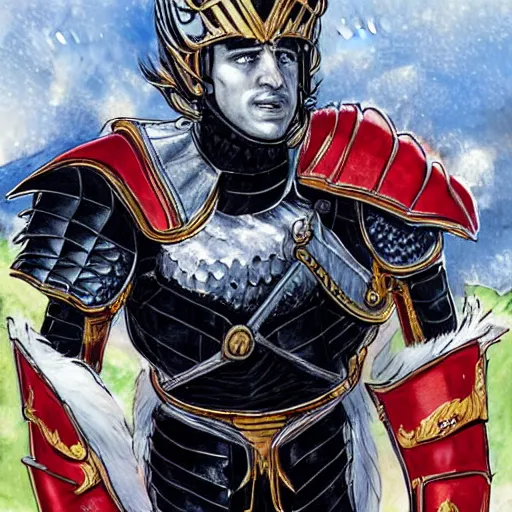 Image similar to Emmanuel macron, in fantasy armor without helmet, hair in the wind, high detail, realistic, art by invincible