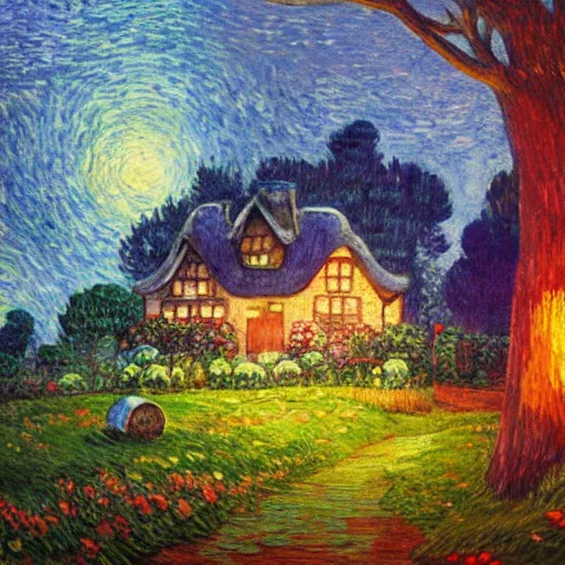 Image similar to mysterious detailed painting of a cozy english cottage in the woods at night, surrounded by giant glowing mushrooms, in the style of studio ghibli and moebius and claude monet and edward hopper and vincent van gogh