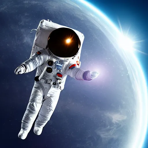 Prompt: Hyper Realistic Physchedlic Astronaut in space with a Solar Eclipse in the foreground.