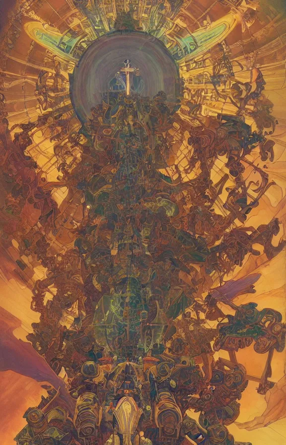 Prompt: beautifully colored detailed religious painting of occultist scientists summoning extradimensional gundam, occult giant robot power armor etched with glowing magical runes by m. c. escher, beeple, greg rutkowski and alphonse mucha. 8 k hd resolution, chihuly