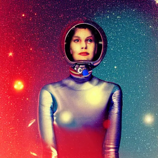 Prompt: analog portrait of a beautiful thin woman in a space helmet, stars and planets visible, warm azure tones, red color bleed, film grain