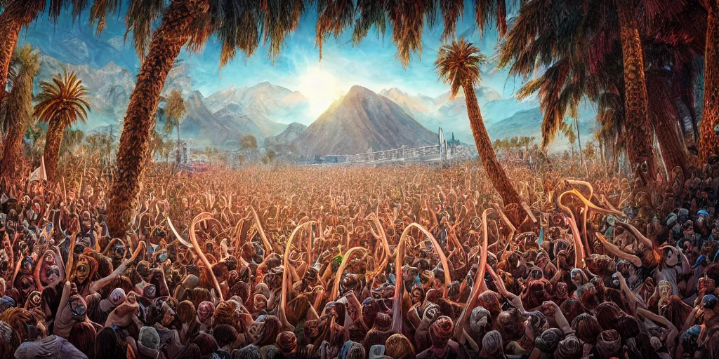 Prompt: hyper realistic coachella stage in the style of a mastodon album cover, highly detailed, intricate, digital painting, artstation, 3 5 mm film grain