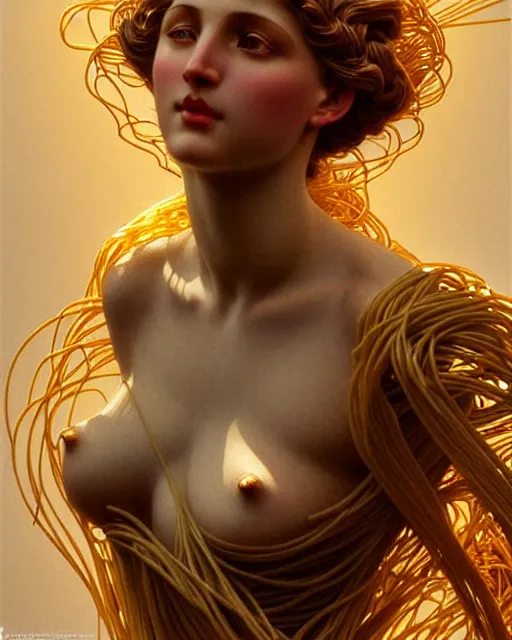 Prompt: statue of a gorgeous woman, made of spaghetti, daylight, backlit, diffuse lighting, fantasy, intricate, elegant, highly detailed, lifelike, photorealistic, digital painting, artstation, illustration, concept art, sharp focus, art by john collier and albert aublet and krenz cushart and artem demura and alphonse mucha