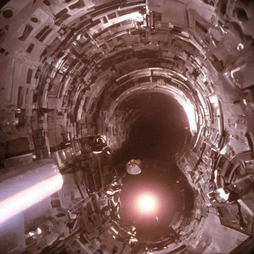 Prompt: film still of a narrow vent shaft tube on a space ship freighter, ridley scott movie, 1 9 8 0 s dark sci - fi, claustrophobic, long tube, machinery,