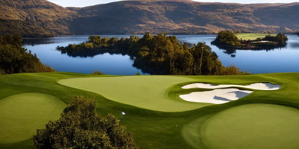 Prompt: a great photograph of the most amazing golf hole in the world completely surrounded by water, calm water, perfect light, loch ness monster, ambient light, miniature, tilt shift lens, golf digest, top 1 0 0, fog