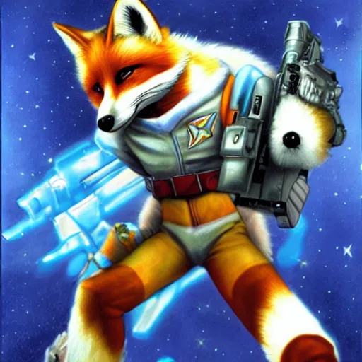 Image similar to an action portrait of fox mccloud holding a blaster, suspenseful, heroic, anthropomorphic furaffinity furry fursona art, star fox, by peter elson