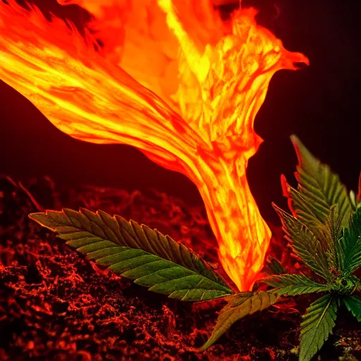 Prompt: a cannabis plant sinking in glowing molten lava