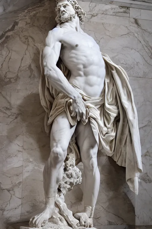 Image similar to epic and dramatic view of dressed roman god sculpting himself statue made in tannish polished marble, carrara marble wall i the background, realistic and ultra detailed by bernini, 8 k