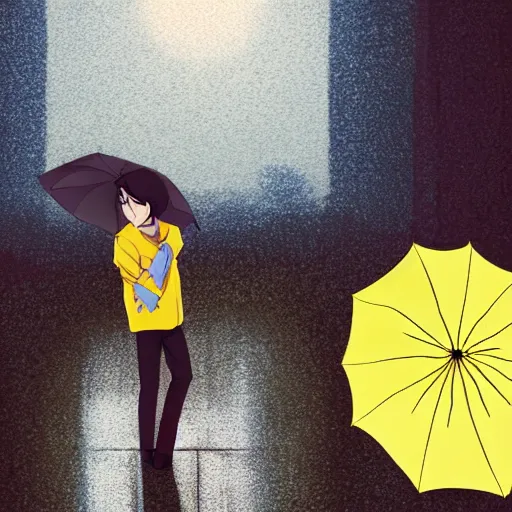 Prompt: young adult, male, medium length black hair, brown eyes, pale skin, standing on a train platform, night, holding a yellow umbrella, anime style, raining