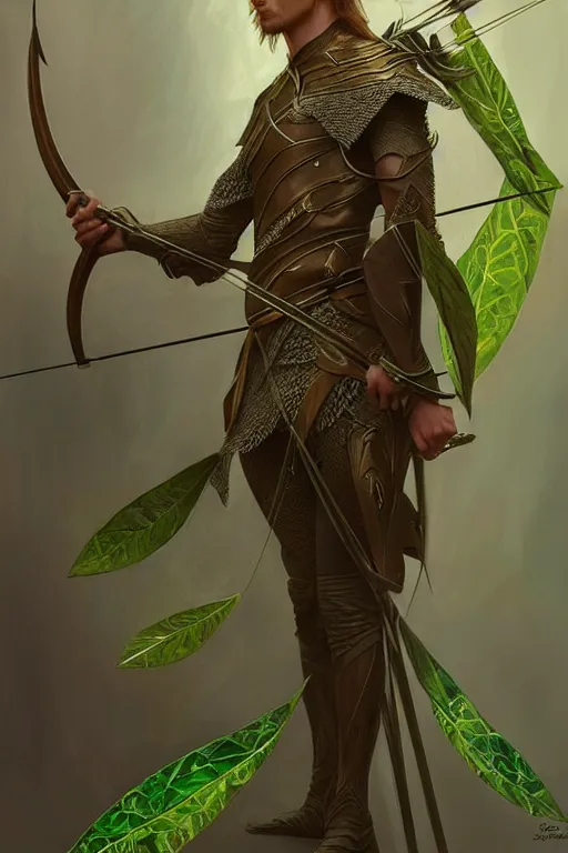 Image similar to male elven Archer armor made of green leaves, fantasy, amber eyes, face, long hair, intricate, elegant, highly detailed, digital painting, artstation, concept art, smooth, sharp focus, illustration, art by artgerm and greg rutkowski and alphonse mucha