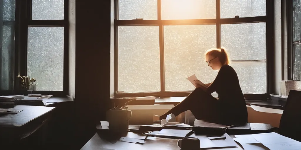 Prompt: a woman sitting a desk next to a window, reading a letter, warm, happy, sunlight, medium shot, realistic