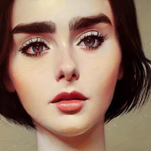 Image similar to of an ultradetailed beautiful portrait panting of lilly collins, front view, oil painting, by ilya kuvshinov, greg rutkowski and makoto shinkai