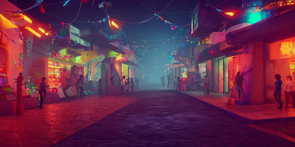Prompt: angled view of a futuristic small mexican town cobbled street, blade runner 2 0 4 9 city architecture, mexican dia de muertos hanging paper decorations, environmental lighting, stromy weather, ray tracing, amazing view, highly detailed, neon shops, octane render, unreal engine 5, 4 k