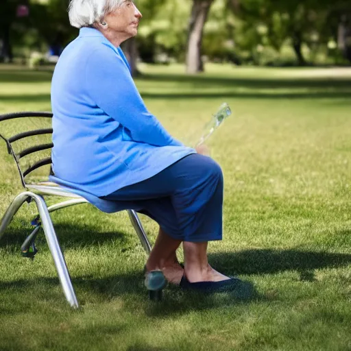 Image similar to an older woman sitting in a park using an oxygen tank, 4 k,