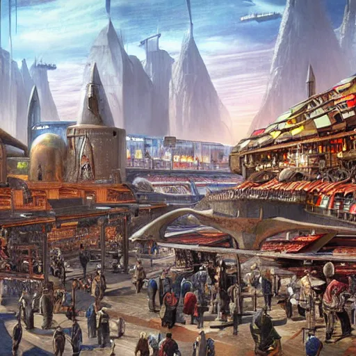 Image similar to a medieval marketplace next to a cyberpunk spaceport spaceship dock. used future aesthetic. digital matte painting by james gurney and david mattingly.