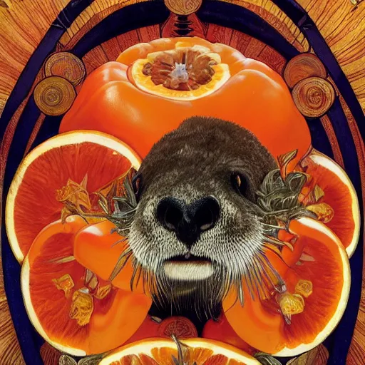 Prompt: a picture of a sea otter with an orange bell pepper on its head, full portrait, decorated with oceanic motifs, intricate, elegant, highly detailed, symmetry, headpiece, digital painting, artstation concept art smooth sharp focus, illustration, art by artgerm and greg rutkowski alphonse mucha 8 k