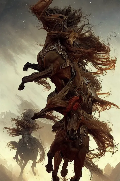 Prompt: realistic photo of the apocalypse, horsemen of the apocalypse sow chaos, deep focus, intricate, elegant, highly detailed, digital painting, art station, concept art, matte, sharp focus, illustration, art by artgerm and greg rutkowski and alphonse mucha