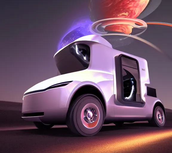 Image similar to a tesla cyber truck riding through outer space, 3 d render, realistic, dramatic