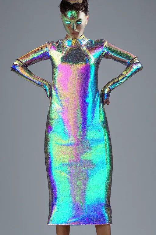 Image similar to holographic crystal atlantean hyperborean avant garde fashion dress beautiful model, sharp focus