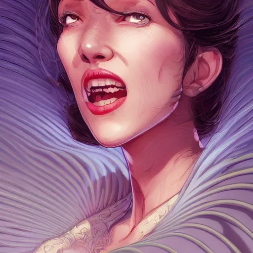 Image similar to wide open wife mouth, close - up, defiant, pin - up, rule 3 4, light effect, hyper detailed, intricate, elegant, highly detailed, digital painting, artstation, concept art, matte, sharp focus, illustration, by dan mumford, yusuke murata, makoto shinkai, ross tran