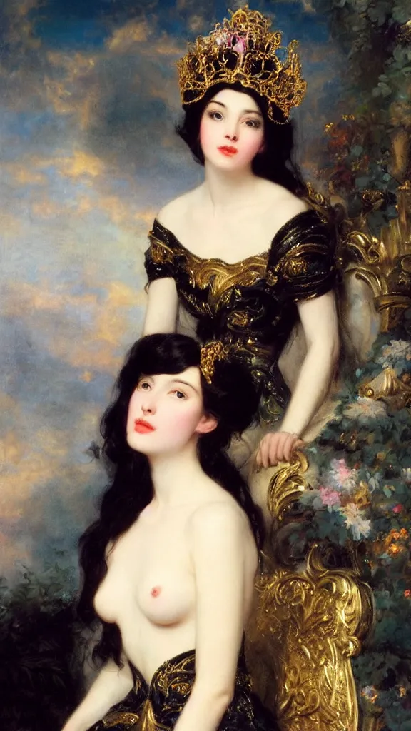 Prompt: a beautiful black haired woman with pale skin and a crown on her head sitted on an intricate metal throne by franz xaver winterhalter and delphin enjolras and rebecca guay