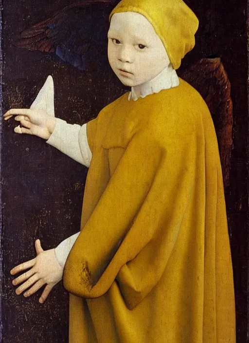 Image similar to angel wings, medieval painting by jan van eyck, johannes vermeer