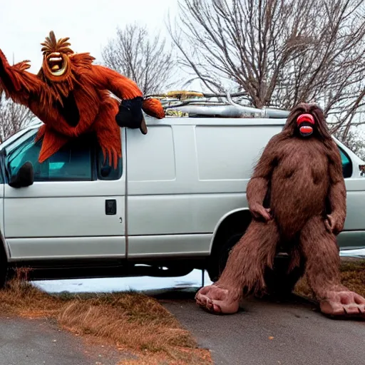 Prompt: bigfoot stomping on top of roof of clown van