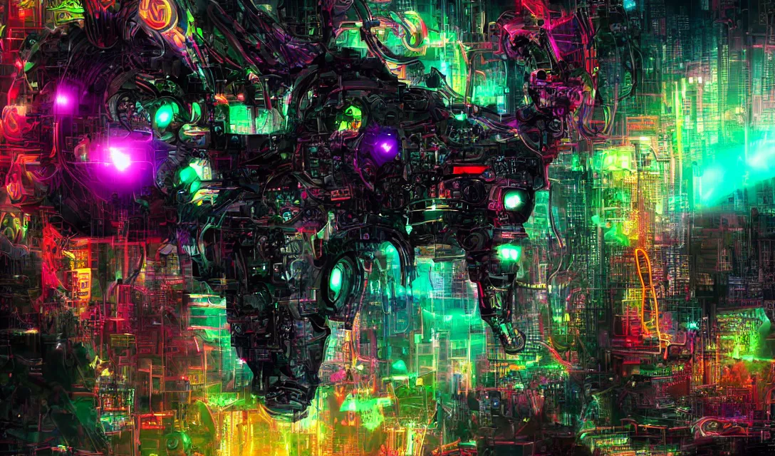 Image similar to complex cyberpunk machine background merged with evil cybernetic goat head in center focus, multicolored digital art