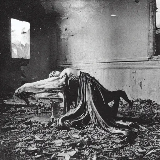 Image similar to 1860 photo of an ancient demon-girl devouring his own soul on an abandoned hospital, spooky