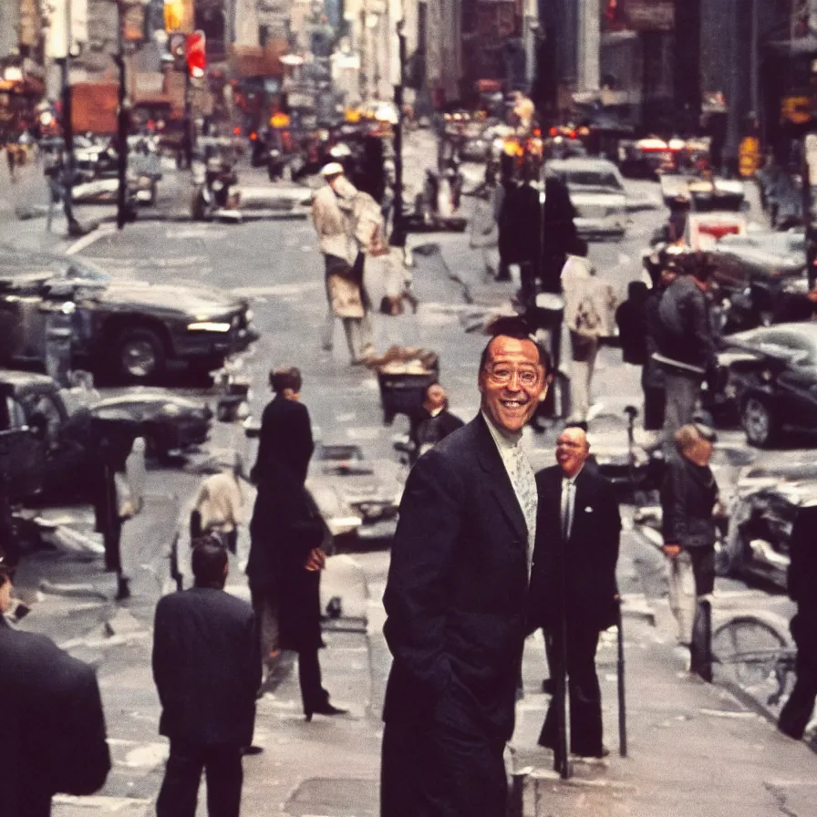 Prompt: portrait of a happy man in a suit in the streets of new york, 1 9 6 0 s, colour film street photography, photo taken with ektachrome, featured on flickr, photographed on damaged film