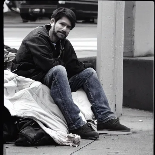 Prompt: Marco Rubio as a homeless man. CineStill