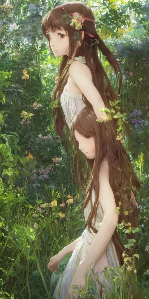 Image similar to a digital art of a loli with long hair in a dress in the privet garden at after noon, green and warm theme, back lighting, by krenz cushart and mucha and akihito yoshida and greg rutkowski and makoto shinkai, detailed eyes, 4 k resolution, trending on art station