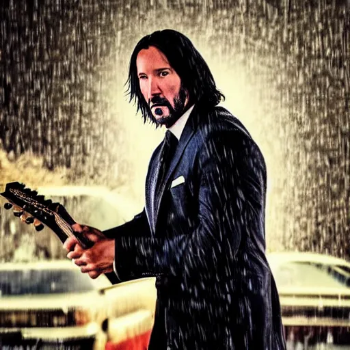 Image similar to john wick playing a guitar in the rain, photorealistic, realistic, dramatic, cinematic, photography