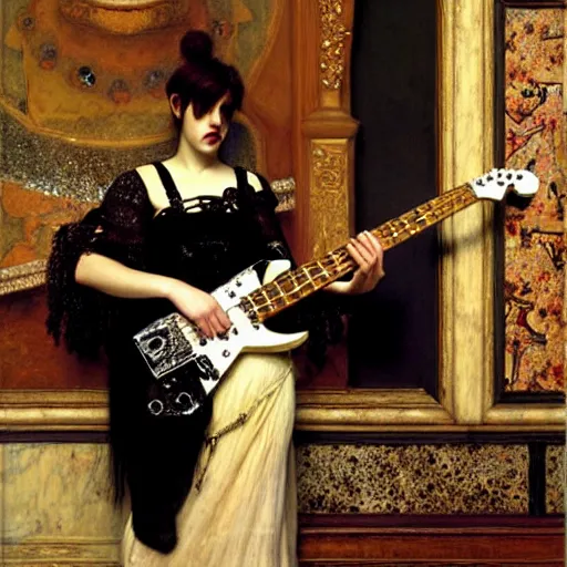 Image similar to Goth girl playing electric guitar by Mario Testino, oil painting by Lawrence Alma-Tadema, masterpiece